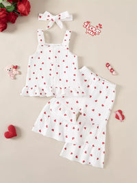 Children's Heart Print Top and Flare Pants with Headband