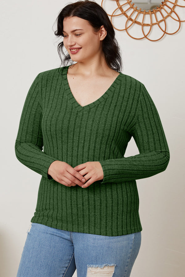 Basic Bae Full Size Ribbed V-Neck Long Sleeve T-Shirt-Teresa's Fashionista LLC