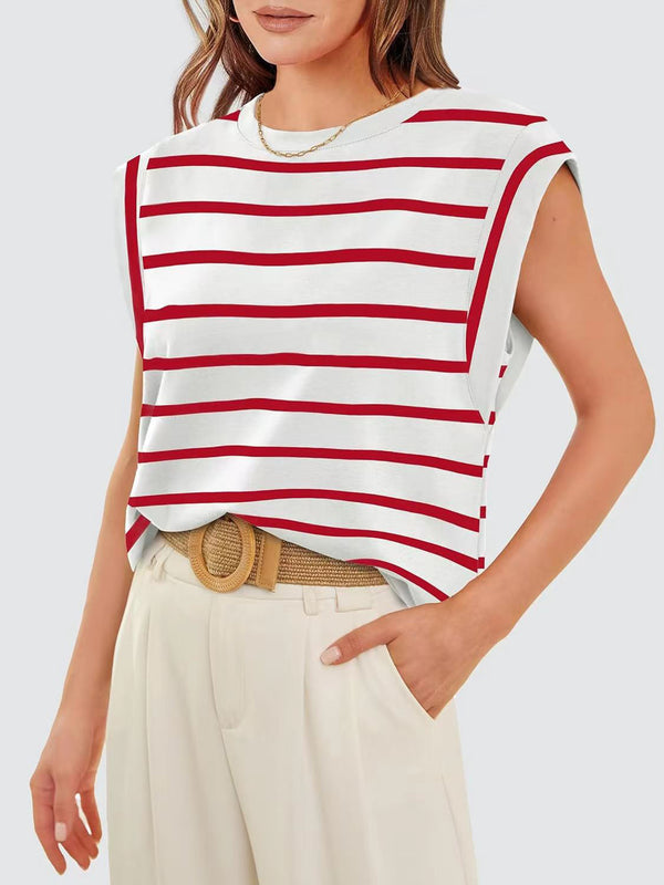 Striped Round Neck Cap Sleeve T-Shirt-Teresa's Fashionista LLC