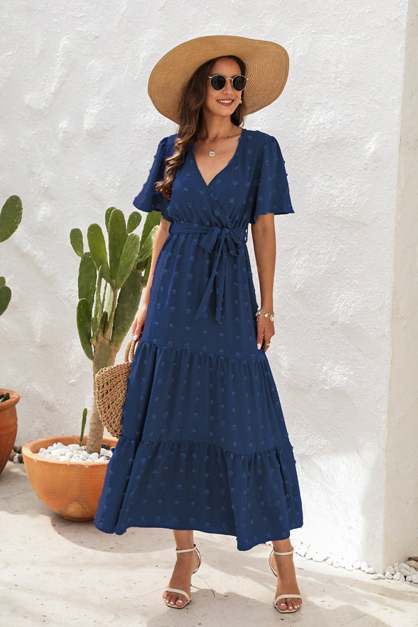 Swiss Dot Tied Surplice Short Sleeve Dress-Teresa's Fashionista LLC