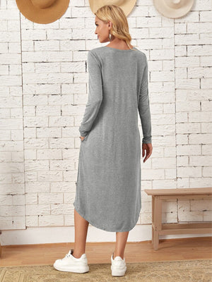 Pocketed Round Neck Long Sleeve Tee Dress-Teresa's Fashionista LLC