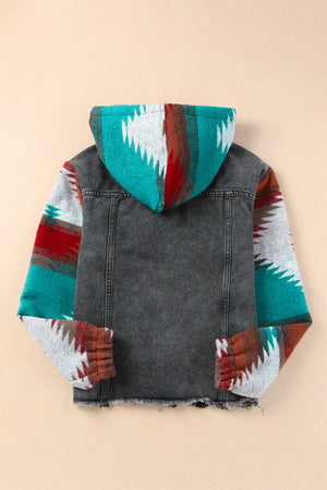 Drawstring hooded denim jacket with colorful patterned sleeves and hood, no stretch.