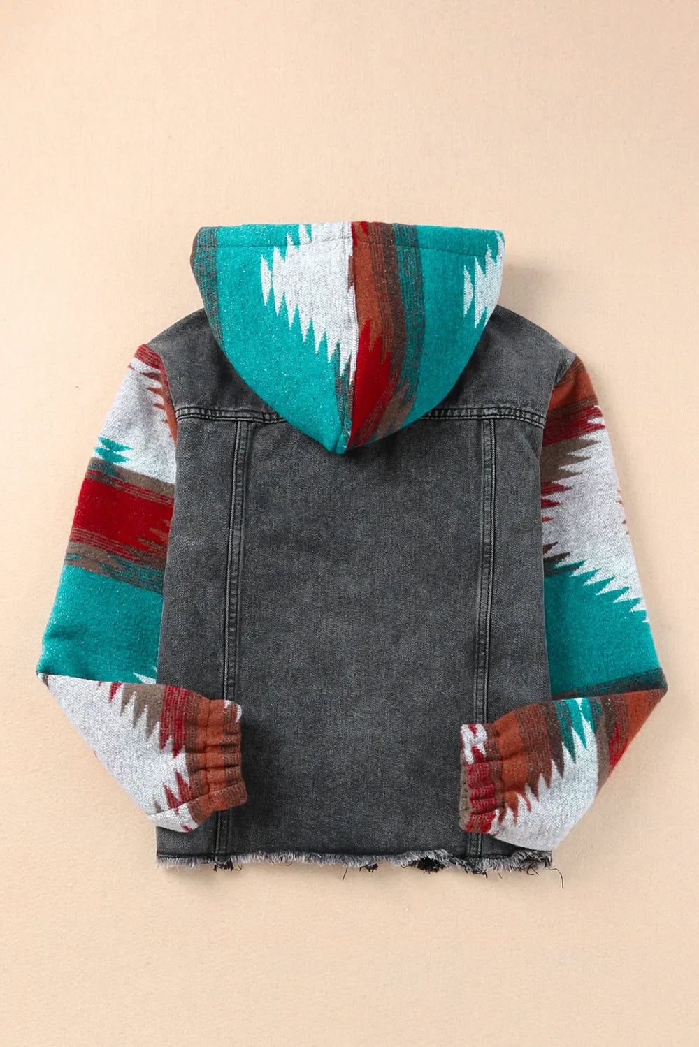 Drawstring hooded denim jacket with colorful patterned sleeves and hood, no stretch.