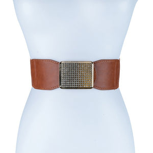 RECTANGLE RHINESTONED SMOCKED LEATHER BELT-Teresa's Fashionista LLC