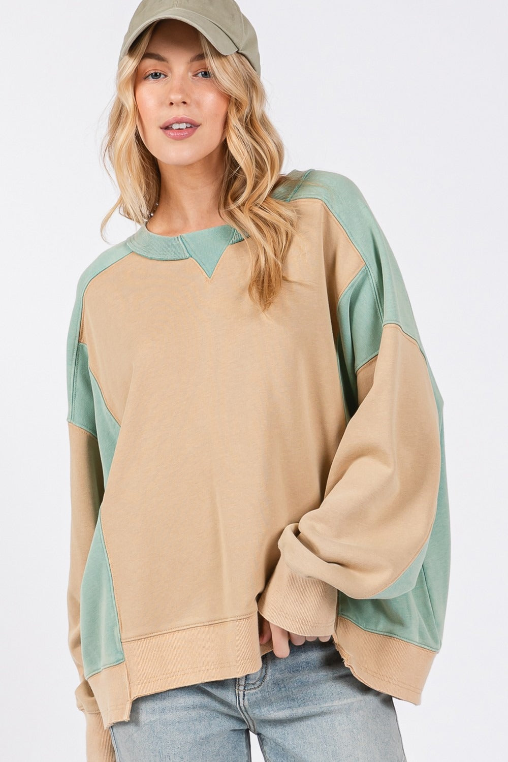 SAGE + FIG Color Block Round Neck Sweatshirt - Teresa's Fashionista LLC