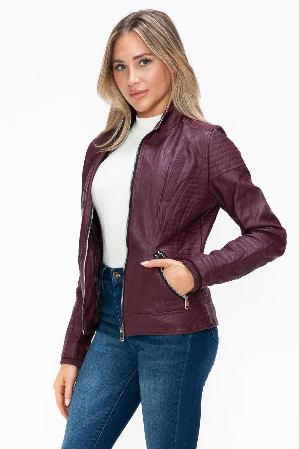 YMI Faux Layered Double-Zipper Jacket with Fuzzy Hood - Teresa's Fashionista LLC