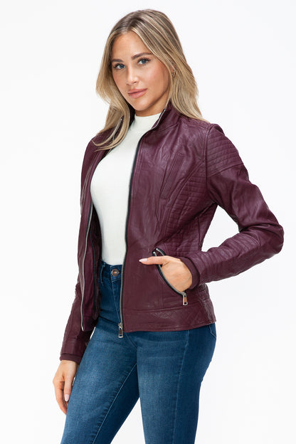 YMI Faux Layered Double-Zipper Jacket with Fuzzy Hood - Teresa's Fashionista LLC