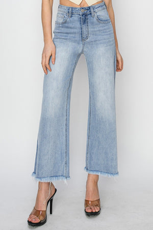 RISEN High Rise Crop Wide Fray Hem Jeans - Teresa's Fashionista LLC