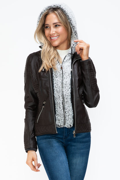 YMI Faux Layered Double-Zipper Jacket with Fuzzy Hood - Teresa's Fashionista LLC