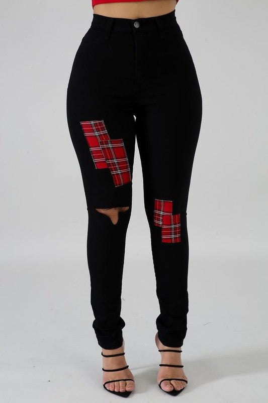 Plaid Patch Skinny Jean - Teresa's Fashionista LLC