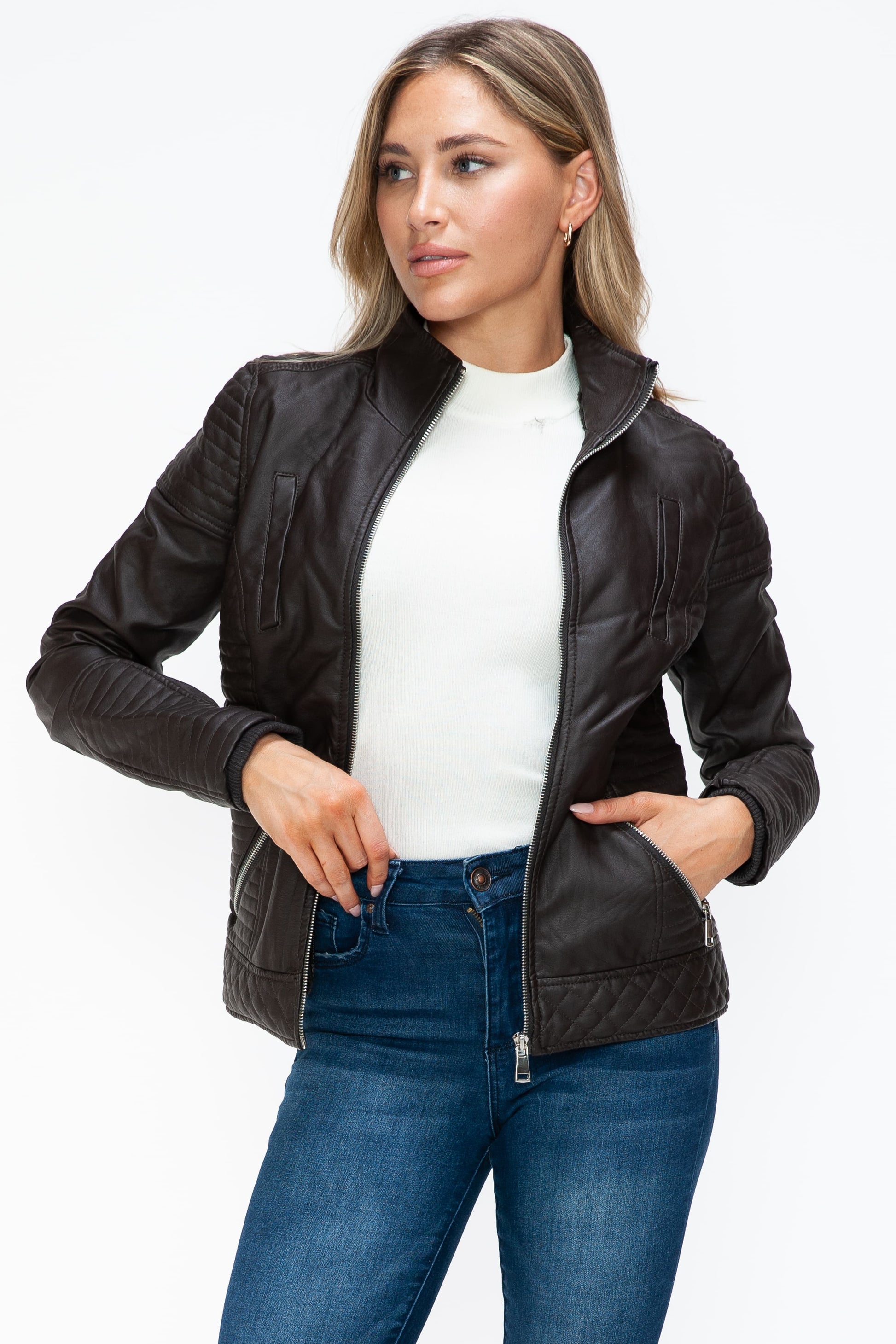 YMI Faux Layered Double-Zipper Jacket with Fuzzy Hood - Teresa's Fashionista LLC