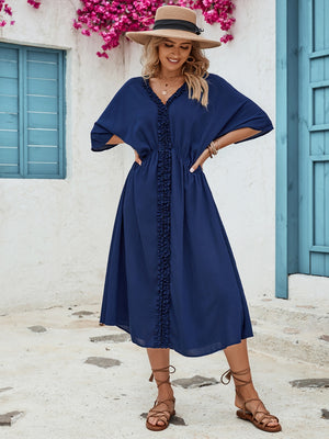 Frill Slit V-Neck Three-Quarter Sleeve Dress-Teresa's Fashionista LLC