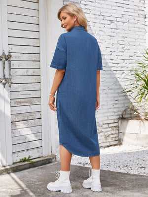 Button Up Dropped Shoulder Denim Dress-Teresa's Fashionista LLC
