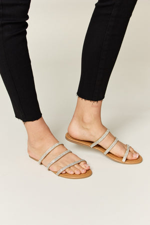 WILD DIVA Rhinestone Three-Strap Flat Sandals-Teresa's Fashionista LLC