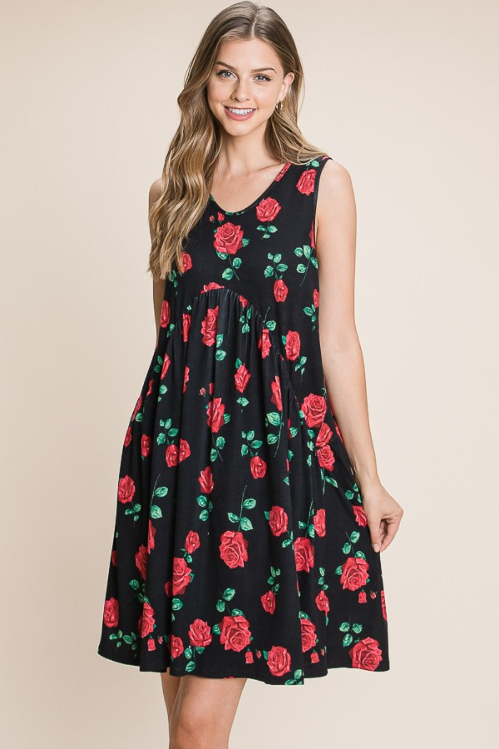 BOMBOM Floral Ruched Tank Dress-Teresa's Fashionista LLC