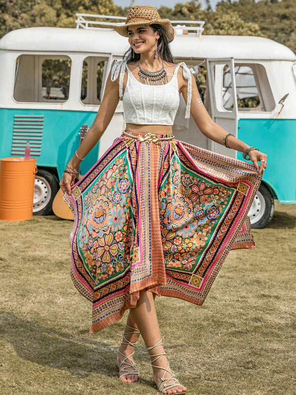 Printed High Waist Handkerchief Hem Skirt-Teresa's Fashionista LLC