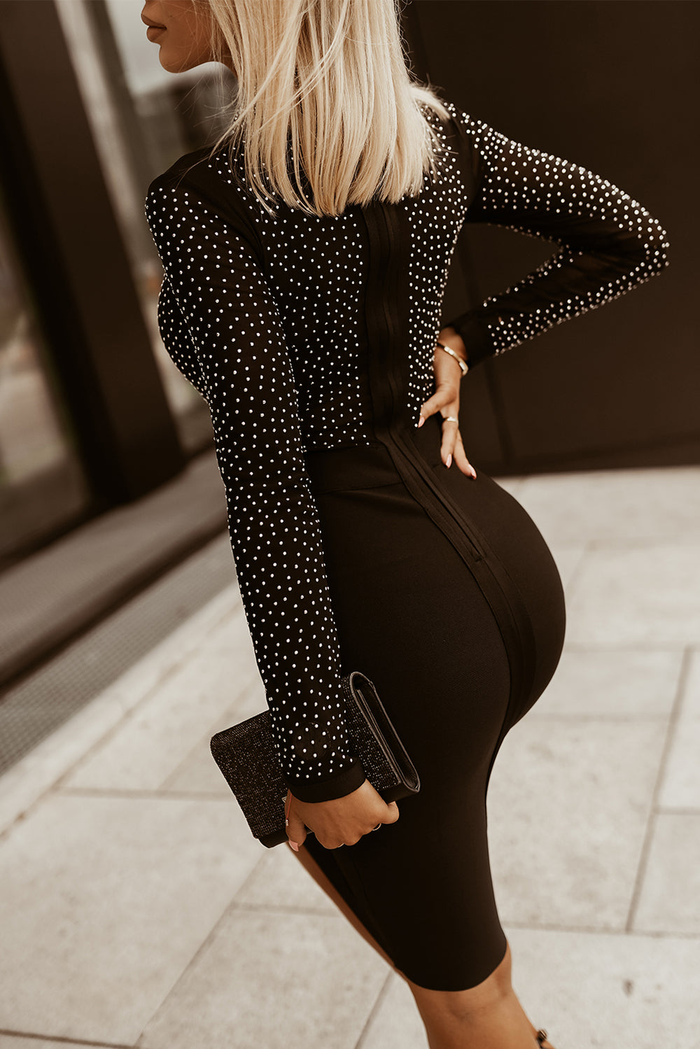 Rhinestone Mock Neck Long Sleeve Dress-Teresa's Fashionista LLC