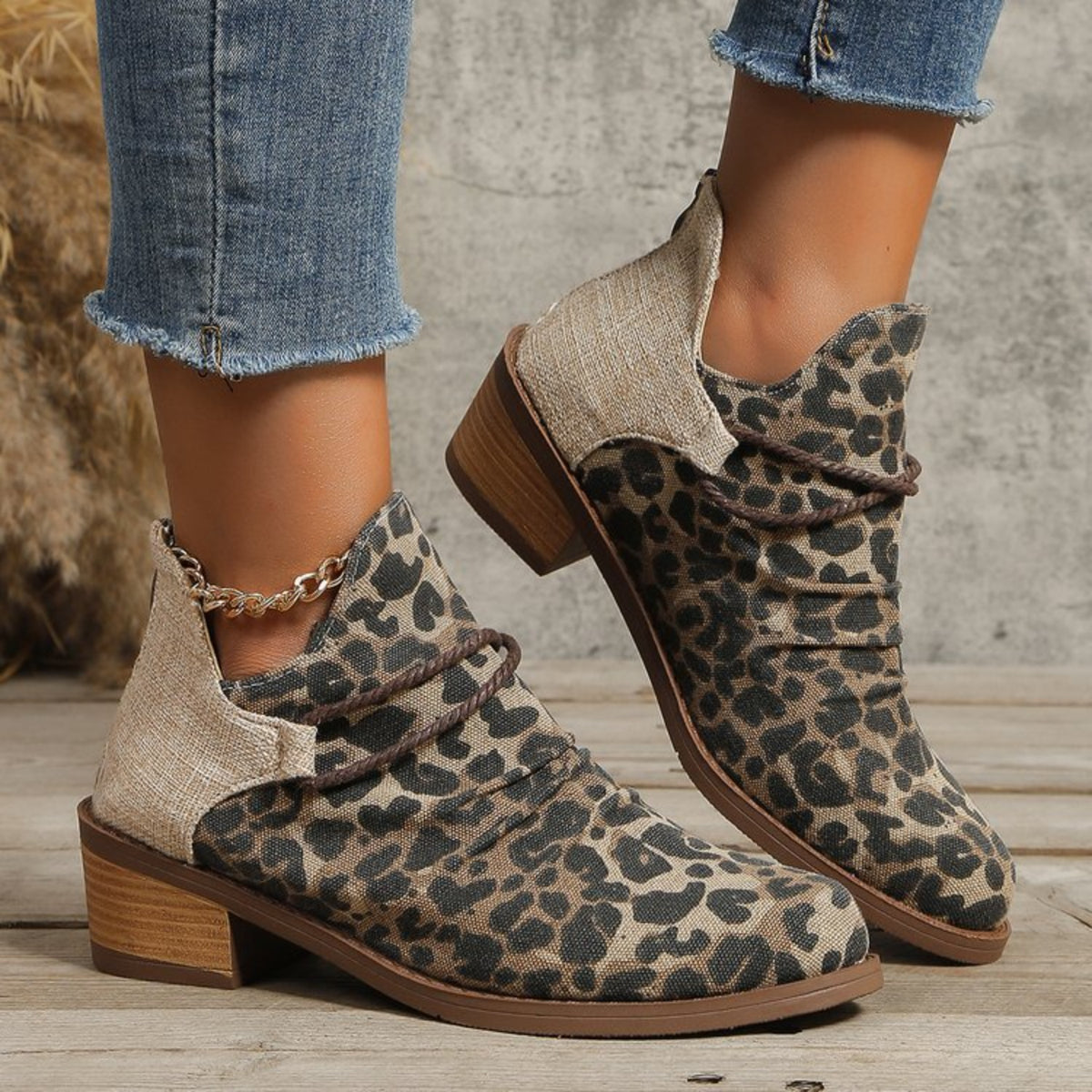 Contrast Canvas Low Heel Boots-Teresa&#39;s Fashionista LLC