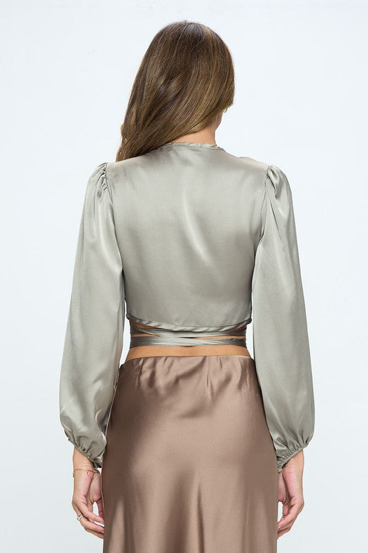 Made in USA Silky Satin Wrap Crop Top with Tie-Teresa&#39;s Fashionista LLC