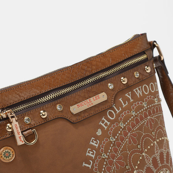 Nicole Lee USA Metallic Stitching Embroidery Inlaid Rhinestone Crossbody Bag-Teresa's Fashionista LLC