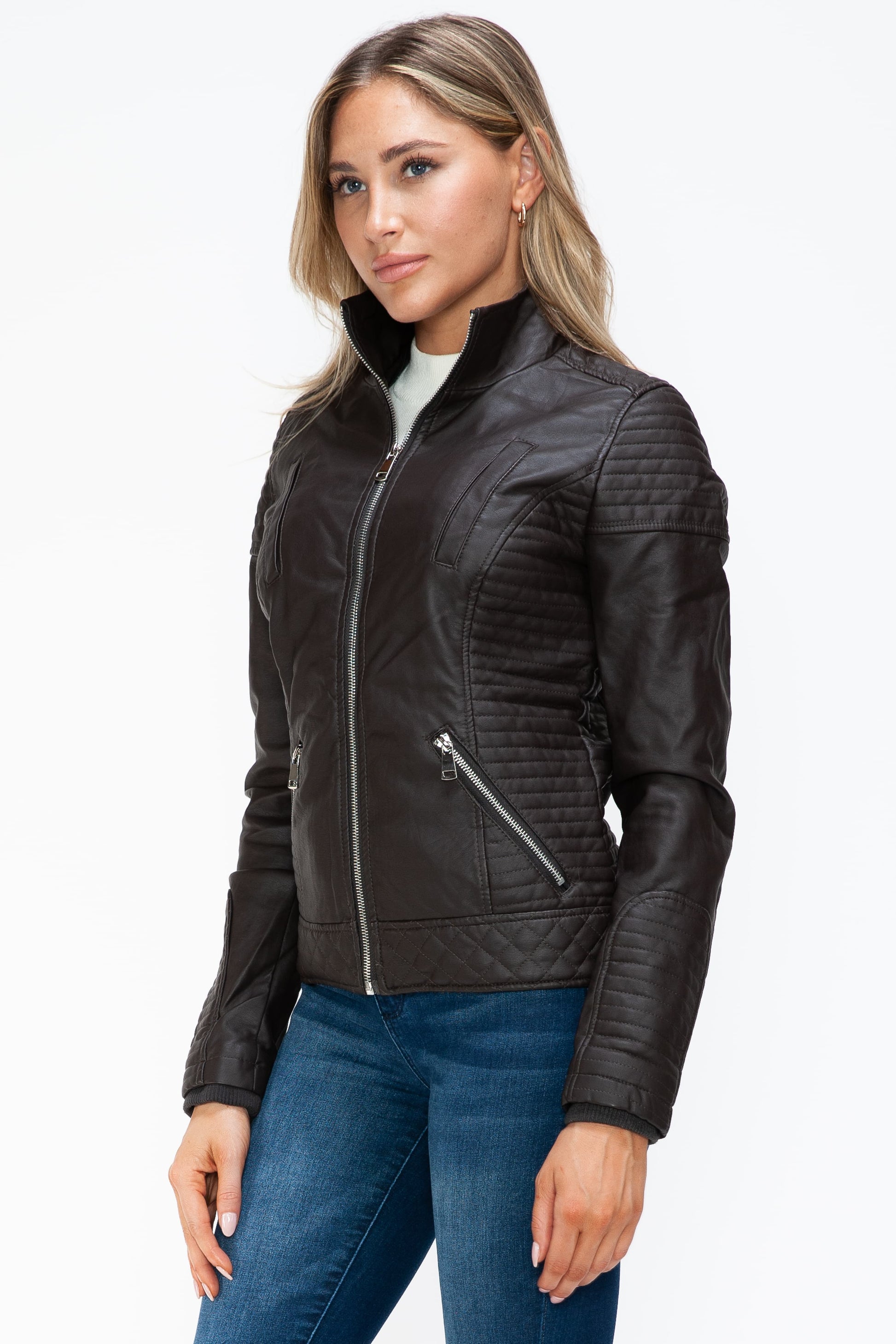 YMI Faux Layered Double-Zipper Jacket with Fuzzy Hood - Teresa's Fashionista LLC