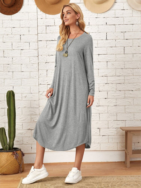 Pocketed Round Neck Long Sleeve Tee Dress-Teresa's Fashionista LLC