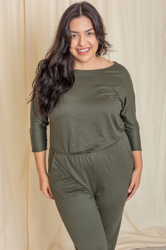 Quarter Sleeve Boat Neck Blouson Jumpsuit-Teresa&#39;s Fashionista LLC