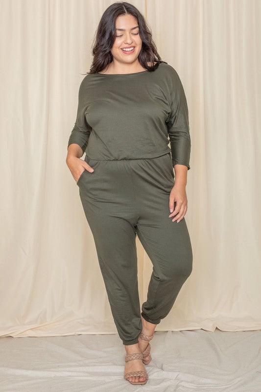 Quarter Sleeve Boat Neck Blouson Jumpsuit-Teresa&#39;s Fashionista LLC
