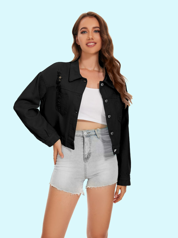 Distressed Distressed Button Up Denim Jacket-Teresa's Fashionista LLC