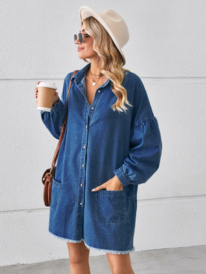 Button Up Pocketed Raw Hem Denim Dress-Teresa's Fashionista LLC