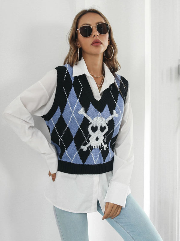 Skull Geometric V-Neck Sweater Vest - Teresa's Fashionista LLC