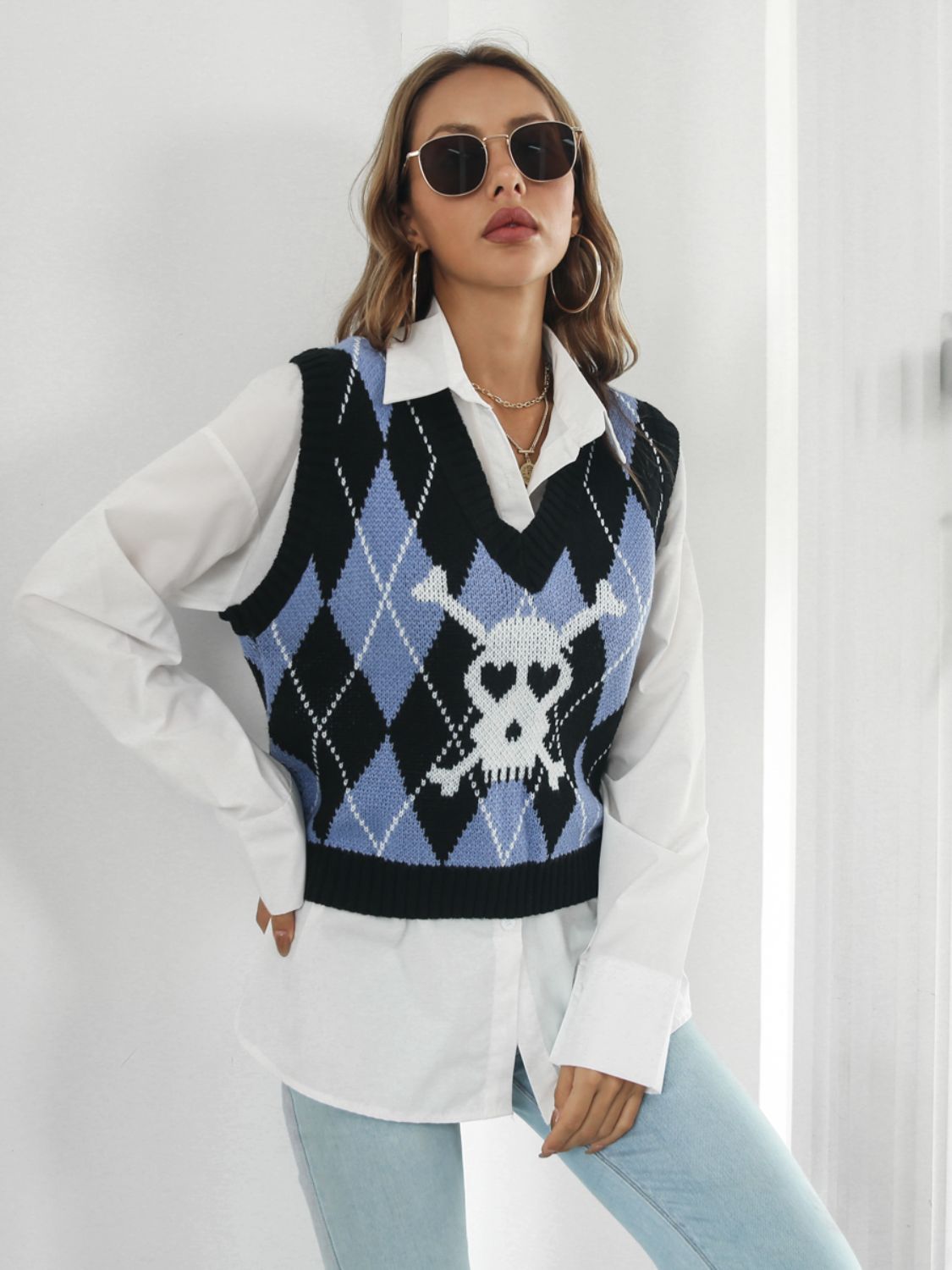 Skull Geometric V-Neck Sweater Vest - Teresa's Fashionista LLC