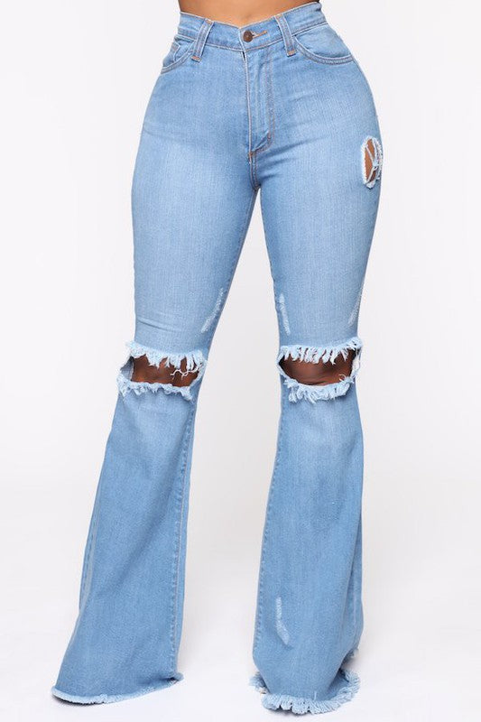 Knee Rip Flare Jean in Medium Wash - Teresa's Fashionista LLC
