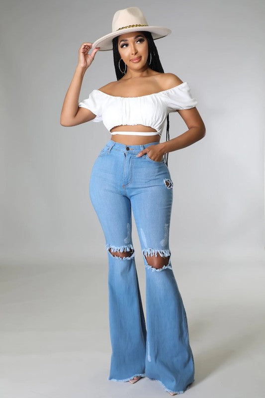 Knee Rip Flare Jean in Medium Wash - Teresa's Fashionista LLC