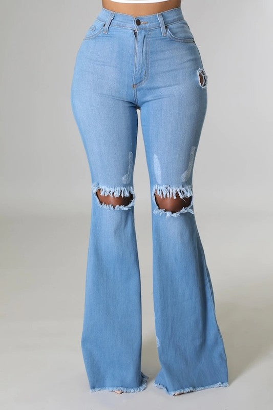 Knee Rip Flare Jean in Medium Wash - Teresa's Fashionista LLC