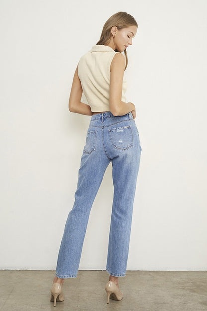 HIGH RISE DISTRESSED GIRLFRIEND JEANS - Teresa's Fashionista LLC