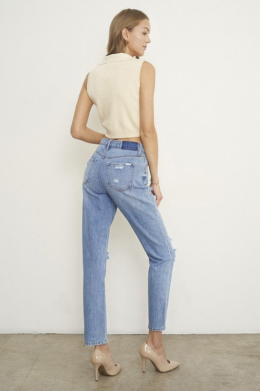 HIGH RISE DISTRESSED GIRLFRIEND JEANS - Teresa's Fashionista LLC