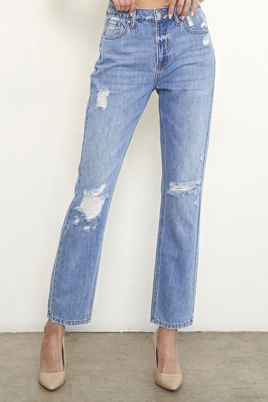 HIGH RISE DISTRESSED GIRLFRIEND JEANS - Teresa's Fashionista LLC