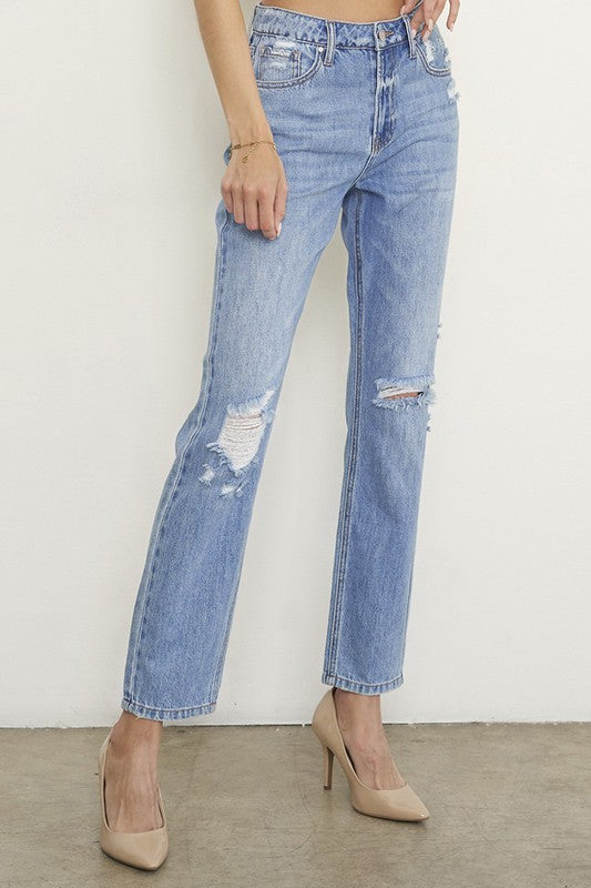 HIGH RISE DISTRESSED GIRLFRIEND JEANS - Teresa's Fashionista LLC