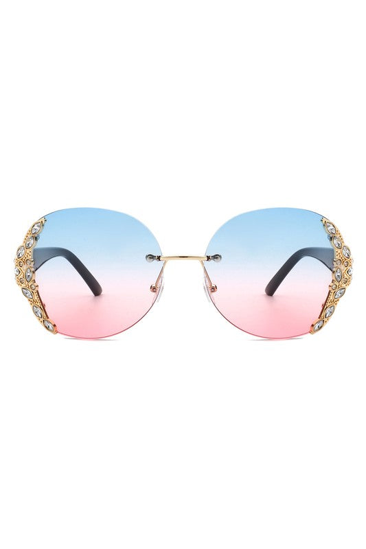 Women Rimless Round Rhinestone Oversize Sunglasses-Teresa&#39;s Fashionista LLC