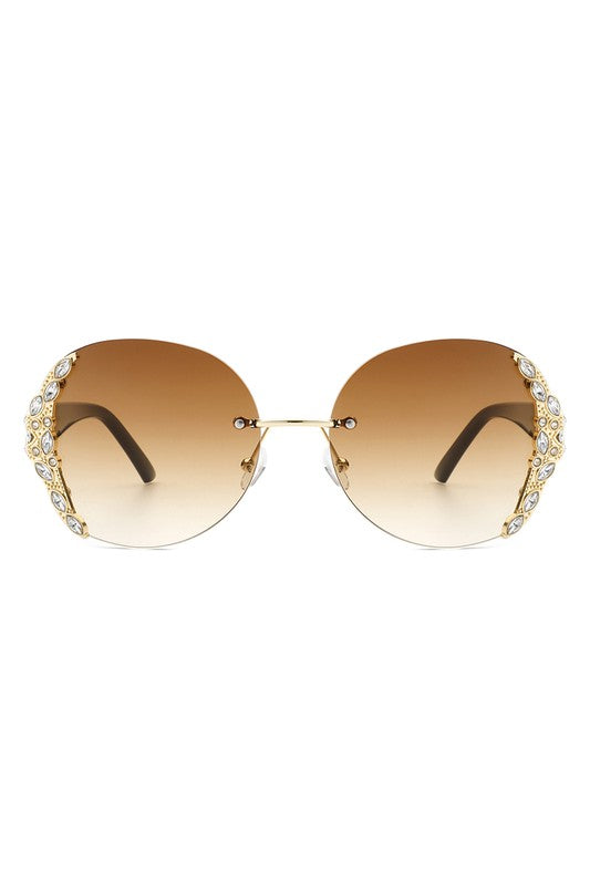 Women Rimless Round Rhinestone Oversize Sunglasses-Teresa&#39;s Fashionista LLC