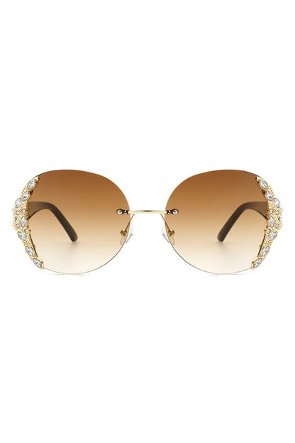 Women Rimless Round Rhinestone Oversize Sunglasses-Teresa&#39;s Fashionista LLC