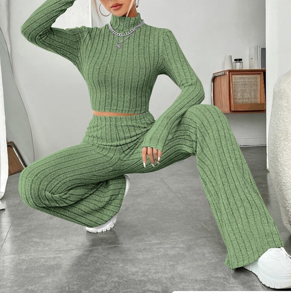 Long Sleeve Turtlenecks Wide Leg High Waist Trousers Suit - Teresa's Fashionista LLC
