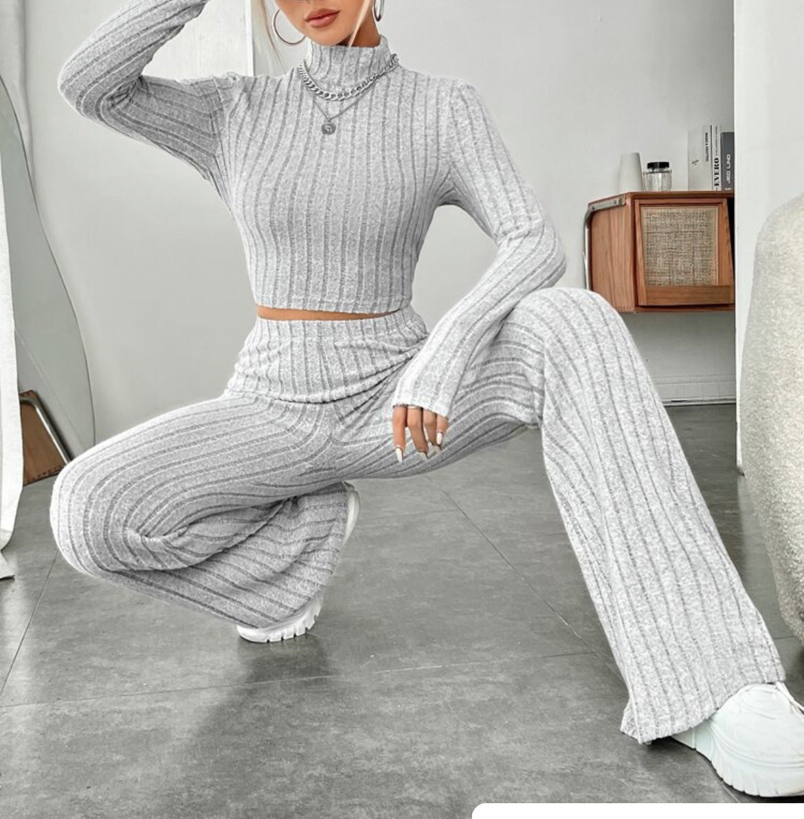 Long Sleeve Turtlenecks Wide Leg High Waist Trousers Suit - Teresa's Fashionista LLC