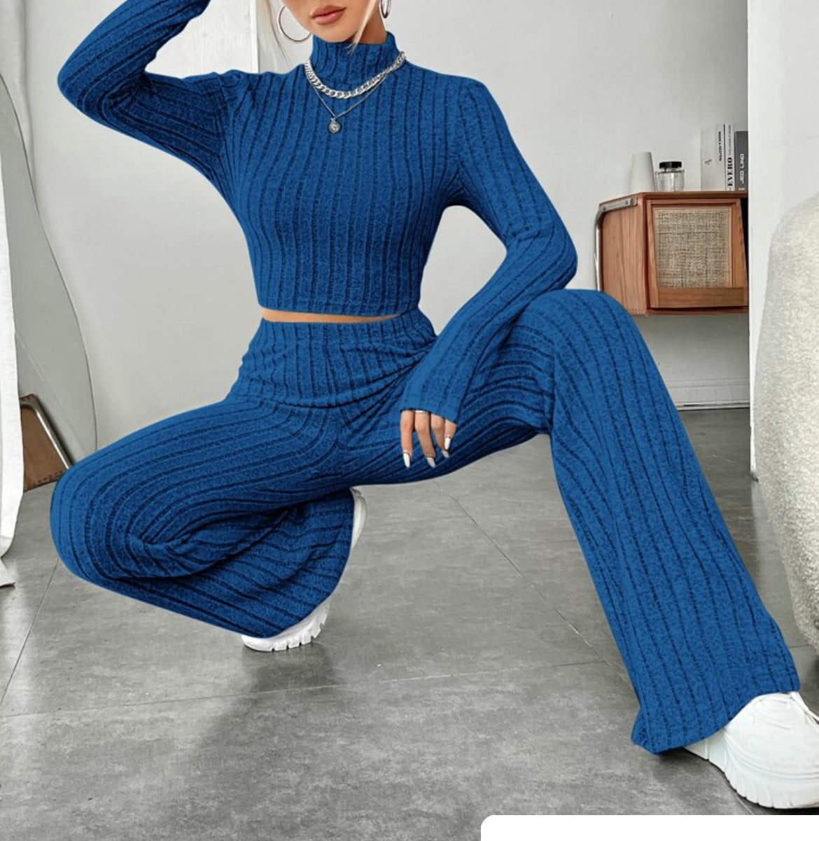 Long Sleeve Turtlenecks Wide Leg High Waist Trousers Suit - Teresa's Fashionista LLC