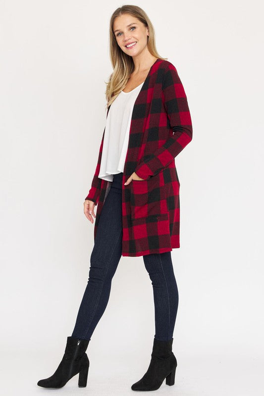 Long Buffalo Plaid Open Cardigan-Teresa&#39;s Fashionista LLC