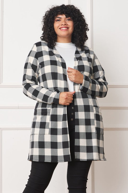 Long Buffalo Plaid Open Cardigan-Teresa&#39;s Fashionista LLC