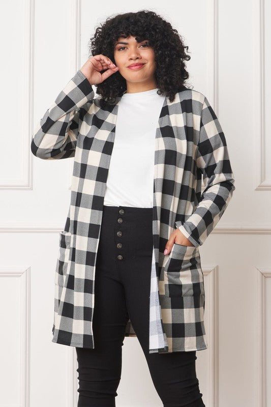 Long Buffalo Plaid Open Cardigan-Teresa&#39;s Fashionista LLC