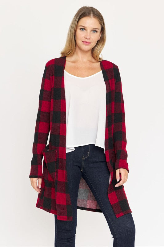 Long Buffalo Plaid Open Cardigan-Teresa&#39;s Fashionista LLC