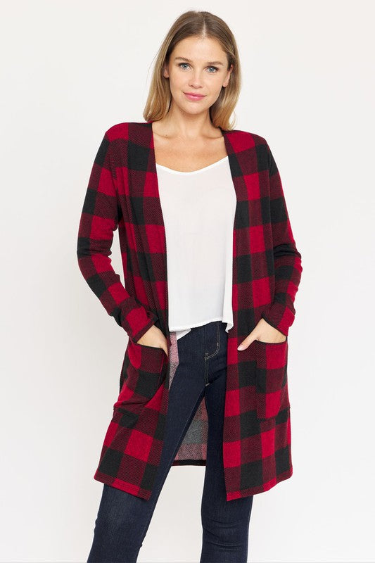 Long Buffalo Plaid Open Cardigan-Teresa&#39;s Fashionista LLC